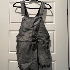 Free People Distressed Black/Gray Denim Overall Dress